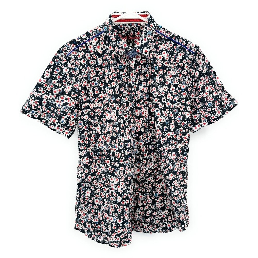 Robert Graham Button‎ Up Shirt Mens L Black Floral Short Sleeve Tailored Fit